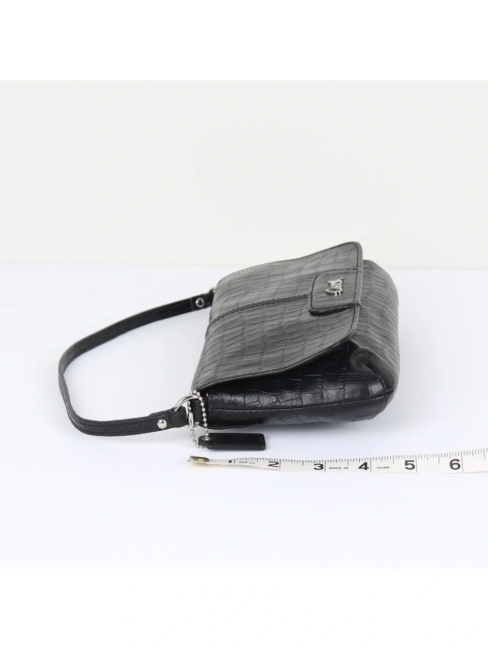 Coach Black Crocodile Embossed Leather Small Bag Silver Script Logo